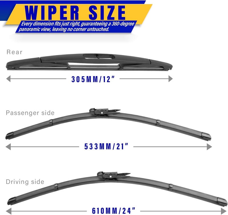 Rooppa 3 wipers Replacement for 2012-2017 Buick Enclave, Windshield Wiper Blades Original Equipment Replacement - 24"/21"/12" (Set of 3) Pinch Tap - Image 2